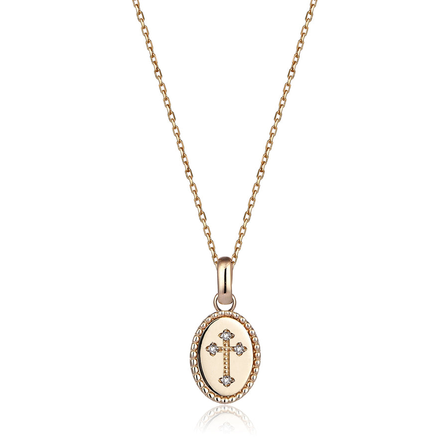 Oval Cross 14K Yellow Gold Diamond Necklace